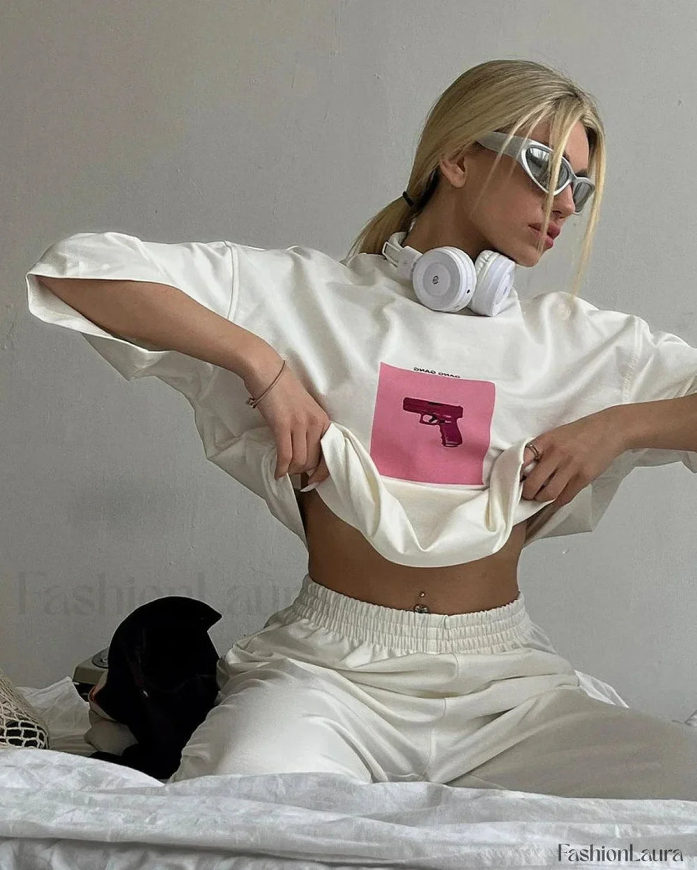 Pink Print Cotton T Shirt White / M