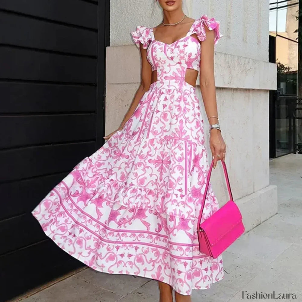 Pink Ruffle Backless Floral Dress pink / S
