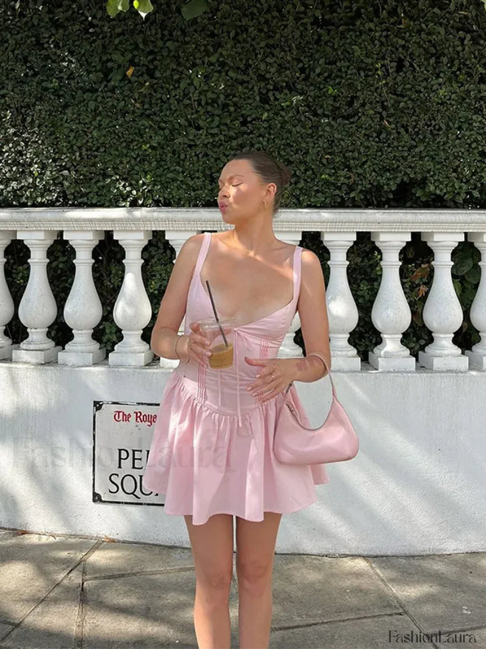 Pink V Neck A Line Mini Dress