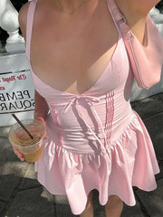 Pink V Neck A Line Mini Dress