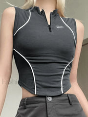 Piping Detail Half Zip Cropped Tank Top Gray / S Tops&Tees