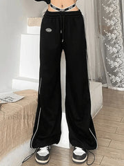 Piping Detail Strappy Waist Baggy Sweatpants Black / S Pants