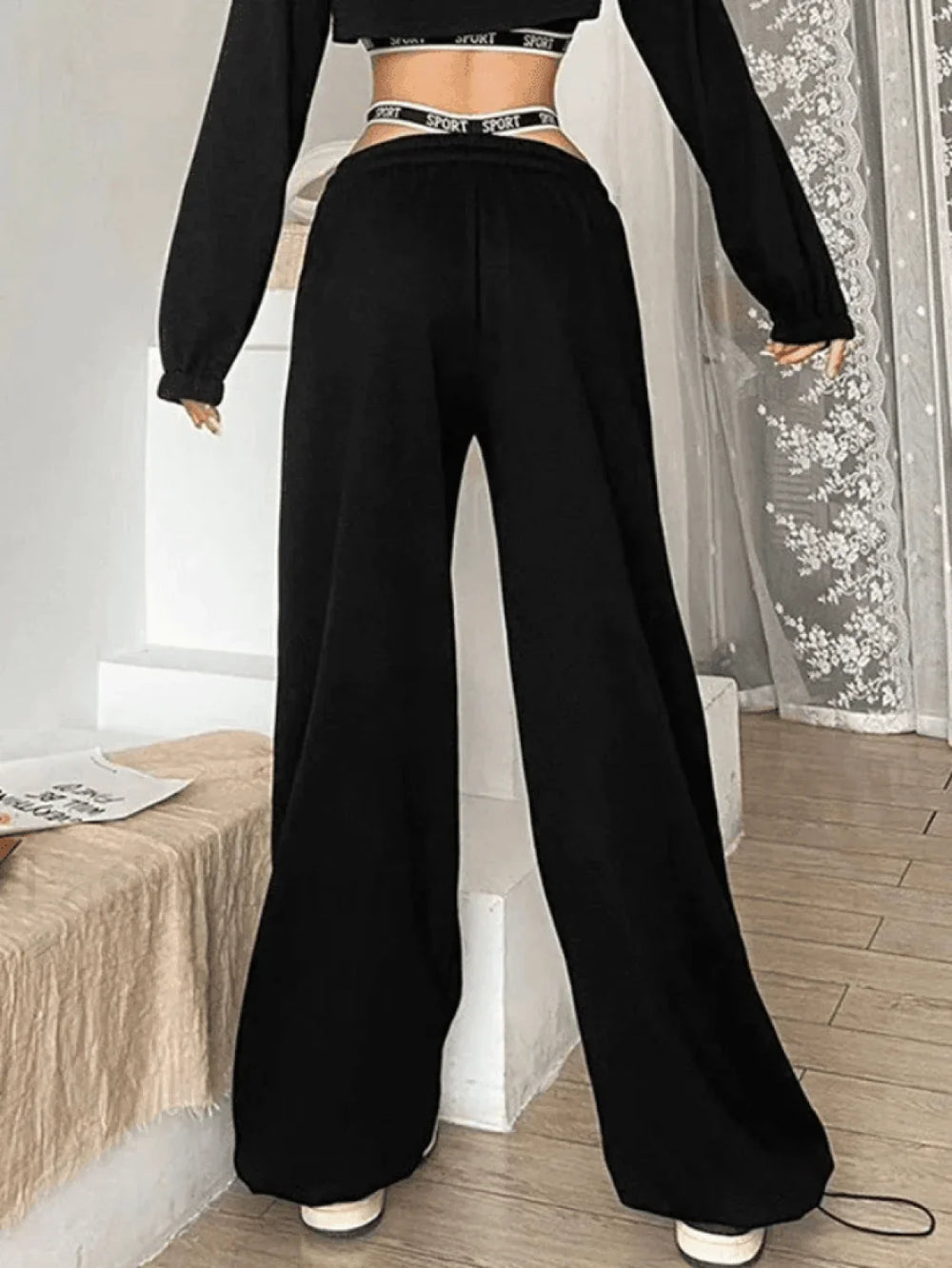 Piping Detail Strappy Waist Baggy Sweatpants Pants