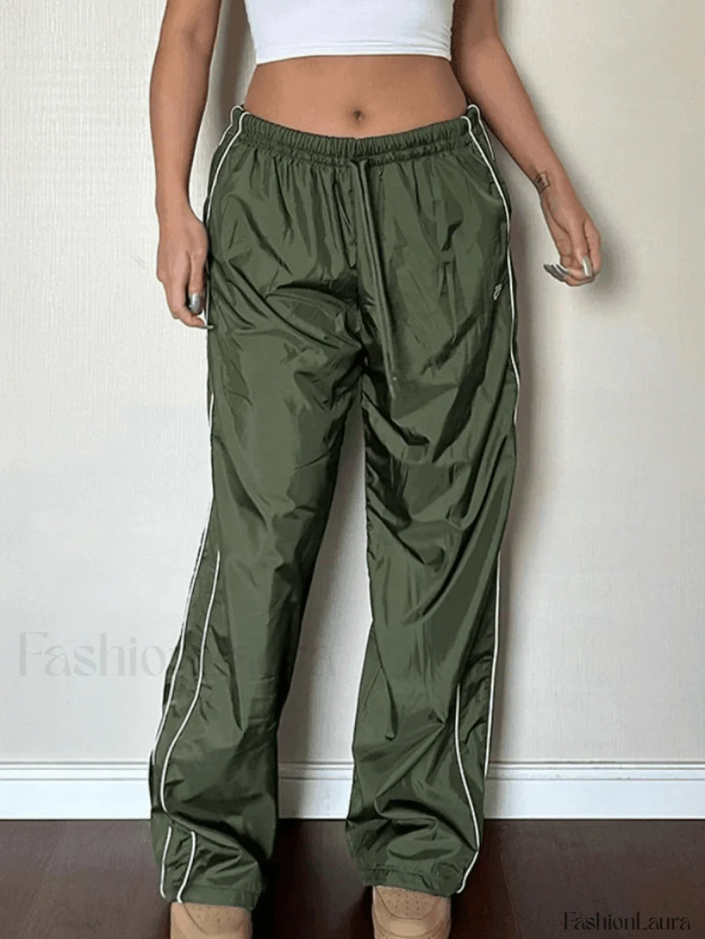 Piping Detail Wide Leg Parachute Pants Pants