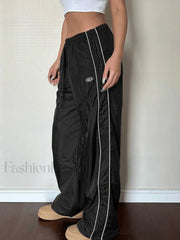 Piping Detail Wide Leg Parachute Pants Pants