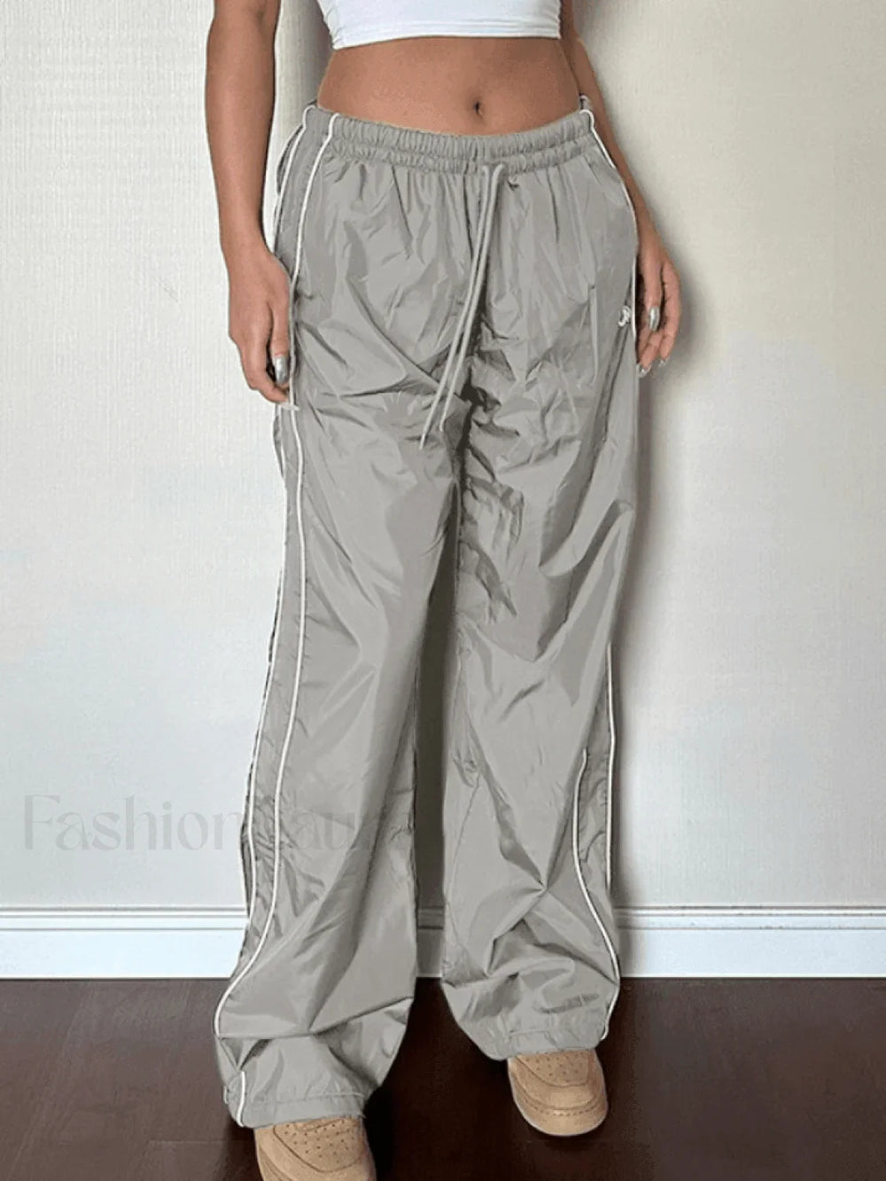 Piping Detail Wide Leg Parachute Pants Gray / S Pants