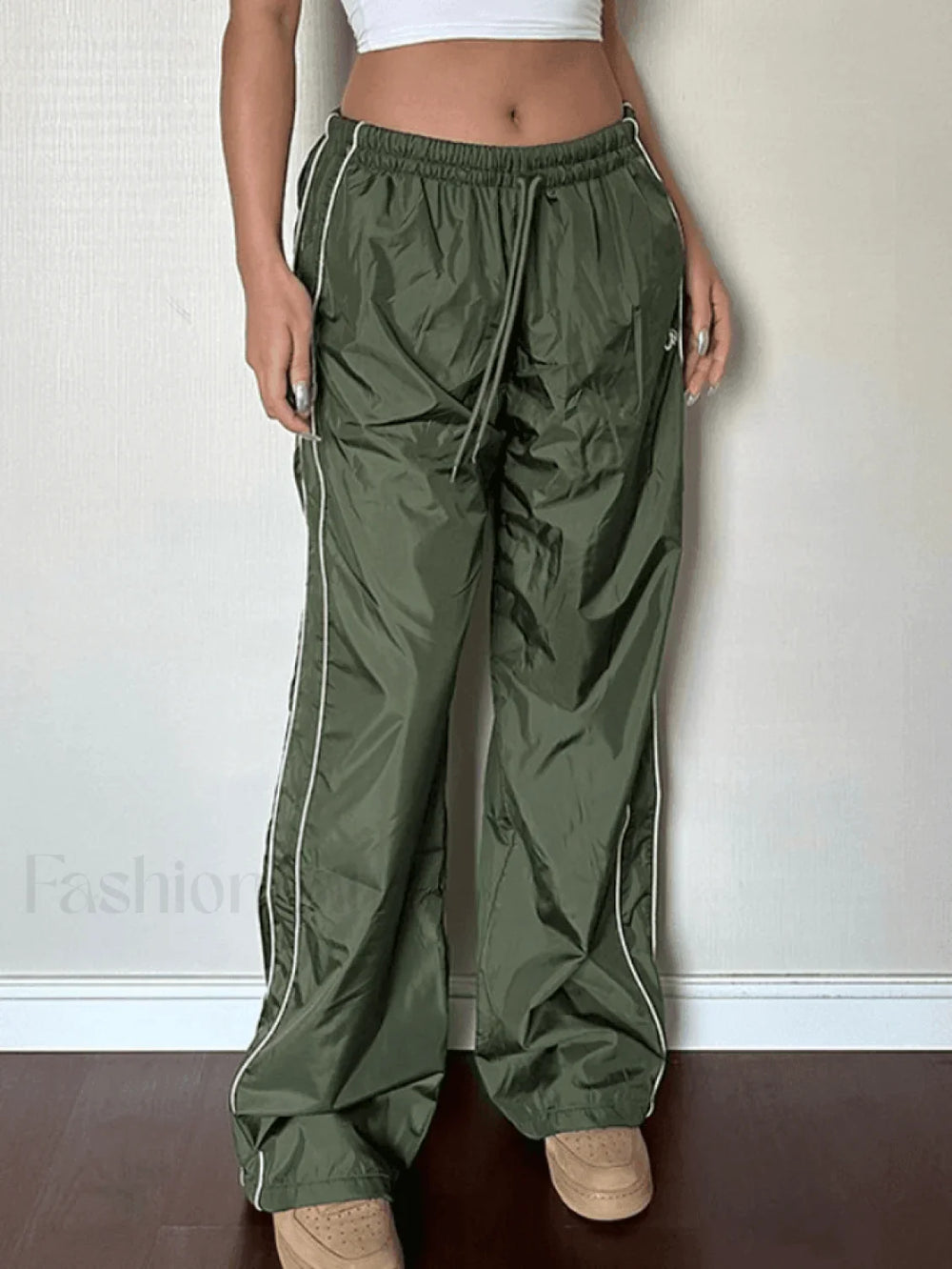 Piping Detail Wide Leg Parachute Pants Green / S Pants