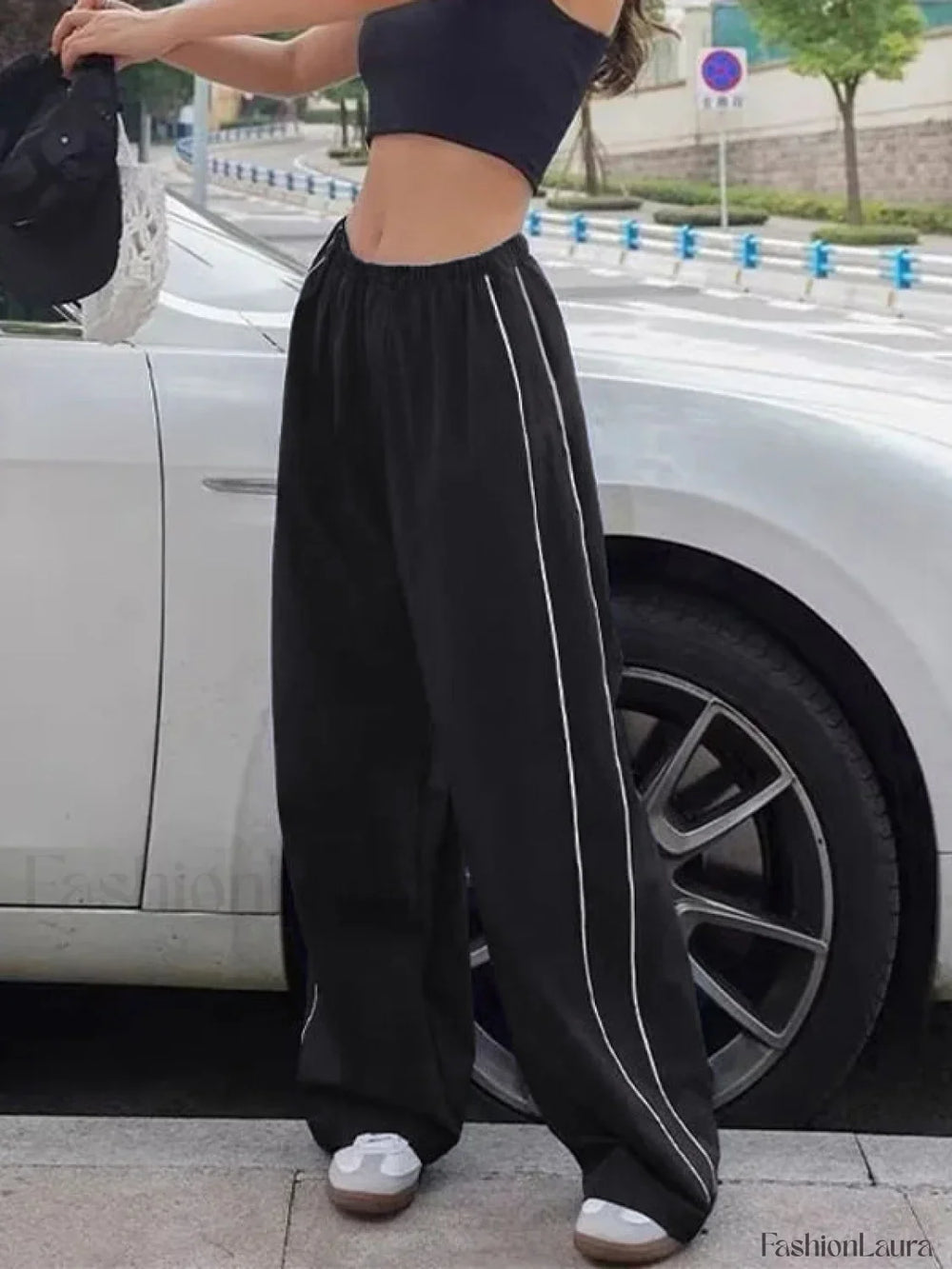 Piping Detail Wide Leg Track Pants Wide Leg Pants