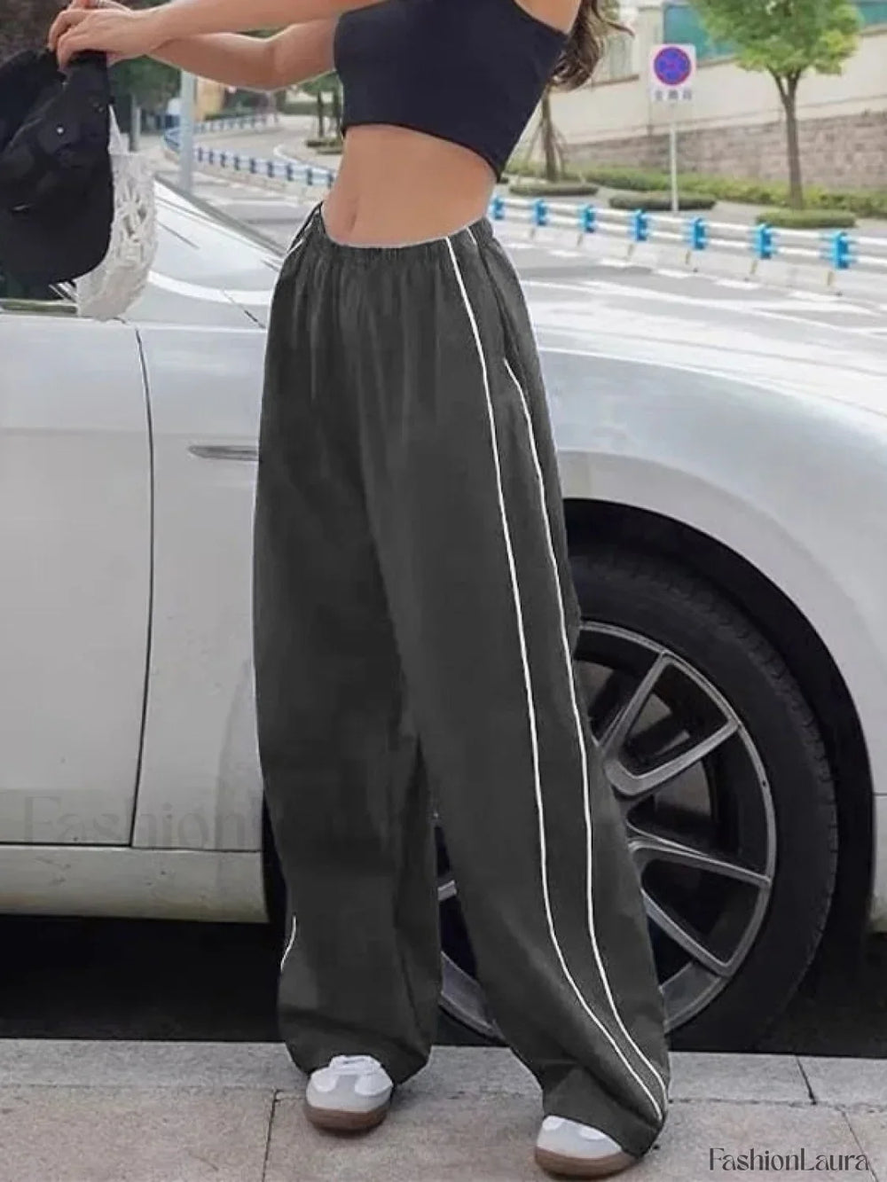 Piping Detail Wide Leg Track Pants Wide Leg Pants