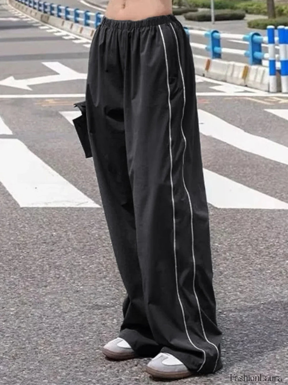 Piping Detail Wide Leg Track Pants Black / S Wide Leg Pants