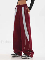 Piping Patchwork Baggy Sweatpants Burgundy / M Wide Leg Pants