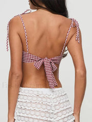 Plaid Backless Bow Tie Crop Top
