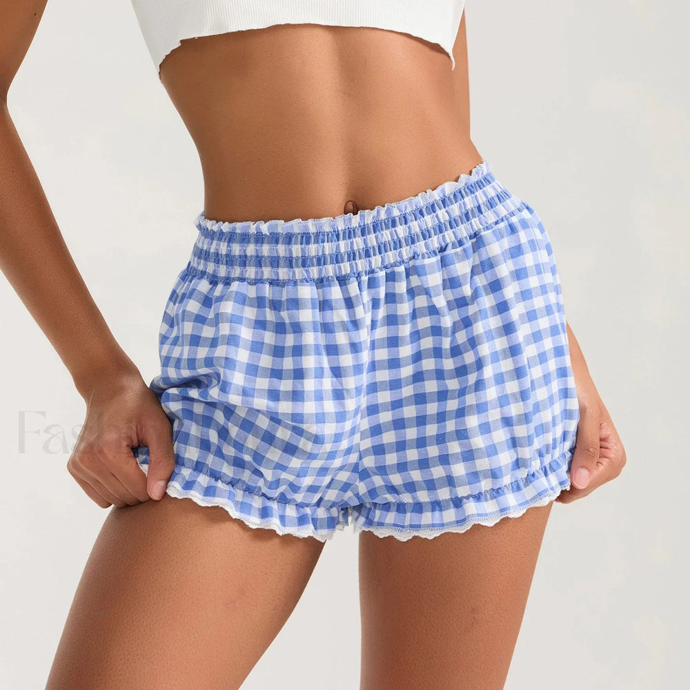 Plaid Bloomers Mid Elasticband Lace Trim Streetwear Lounge Short blue / S