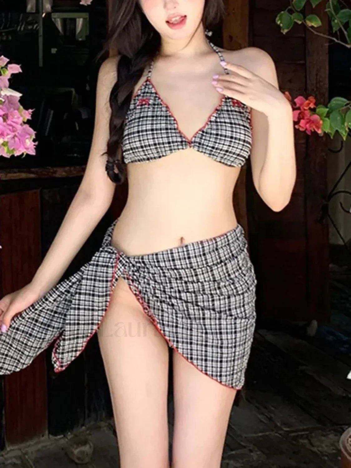 Plaid Bow Halter Three Piece Set