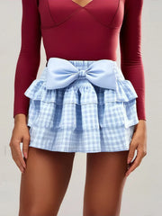 Plaid Bow Tiered Mini Skirt BLUE / S