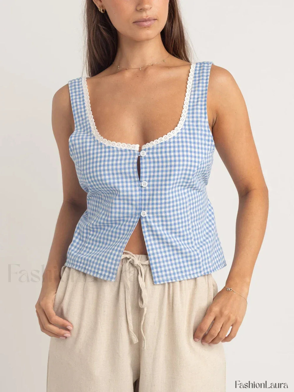 Plaid Button Up Scoop Crop Top Blue / S