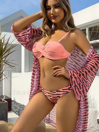 Plaid Cover Up Three Piece Set Pink / S