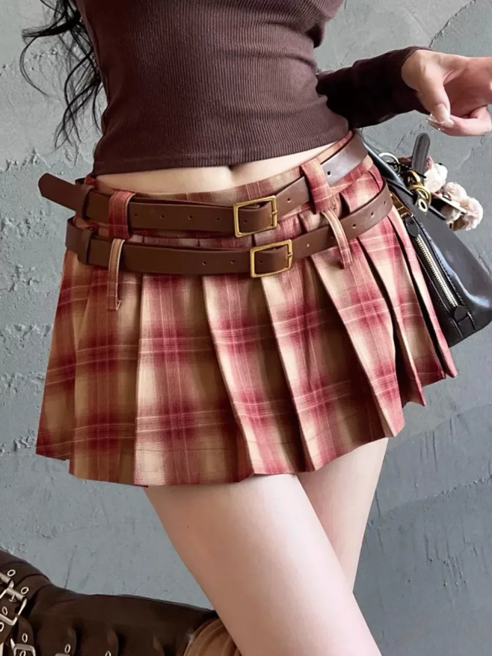 Plaid Double Waistband Pleated Skirt RED / XS