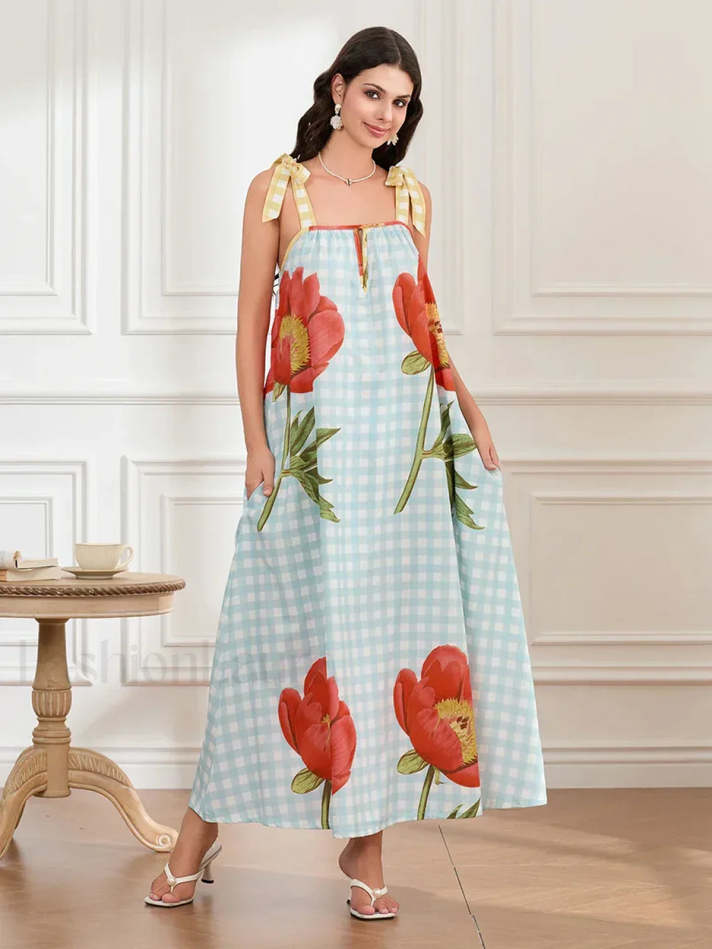 Plaid Flower Loose Tank Maxi Dress green / S