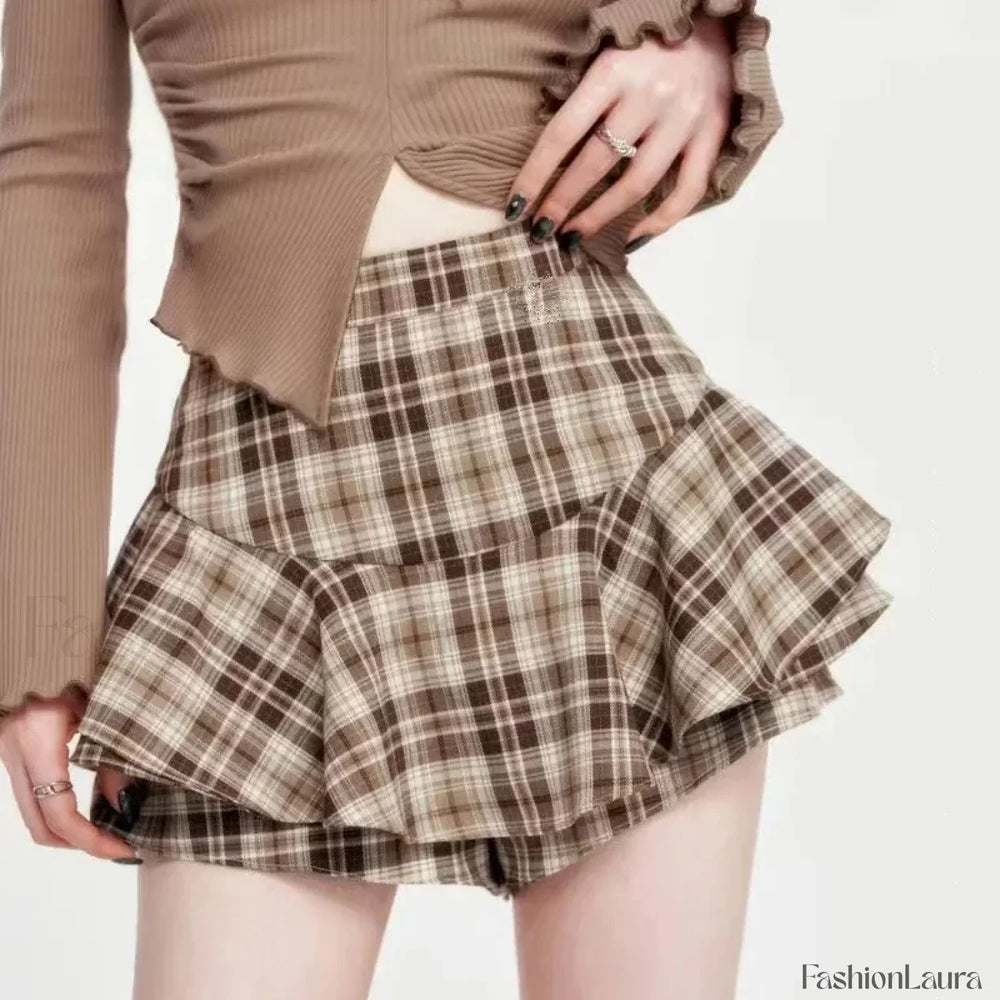Plaid Frill Detail Skirt BROWN / S