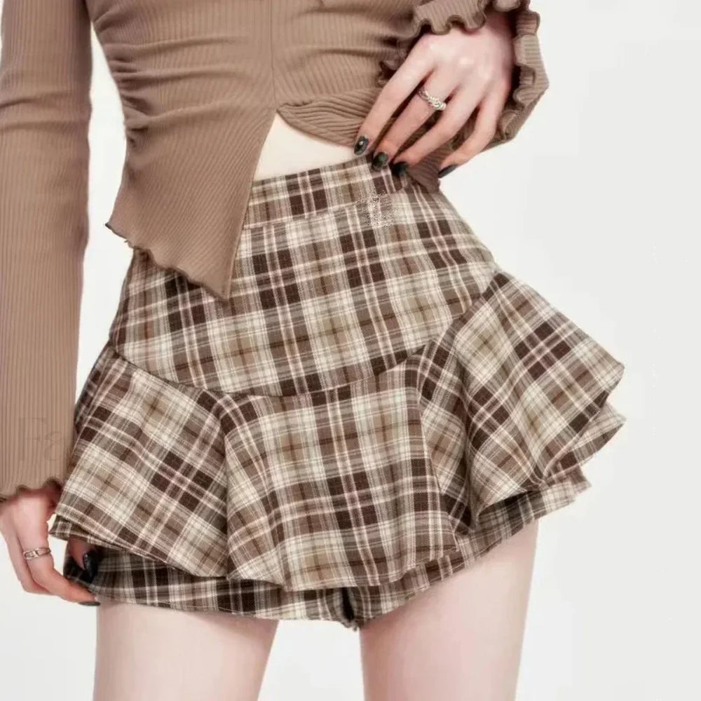 Plaid Frill Detail Skirt BROWN / S