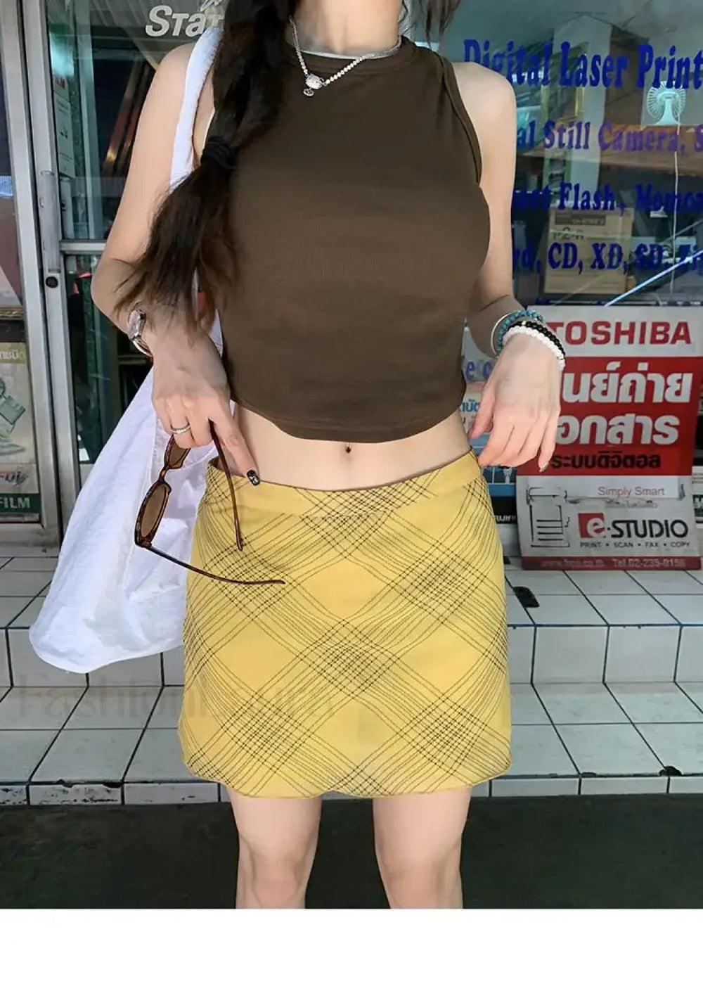 Plaid High Waist Link Mini Skirt Yellow / S
