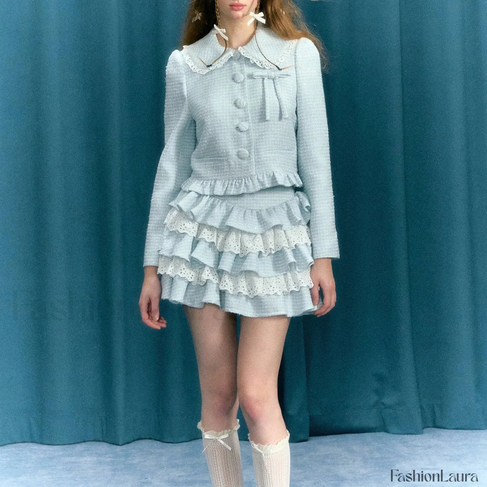 Plaid Lace Patchwork Skirt Blue / S