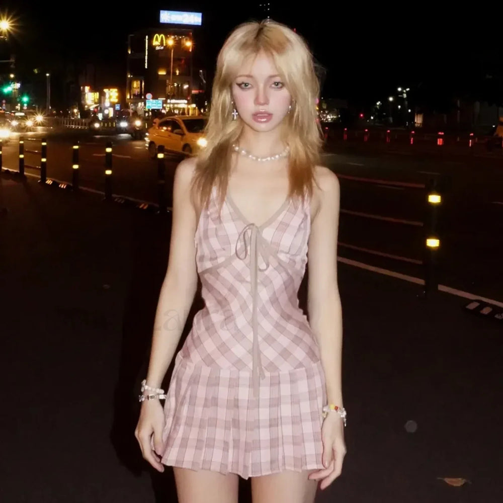 Plaid Lace Up V Neck Mini Dress