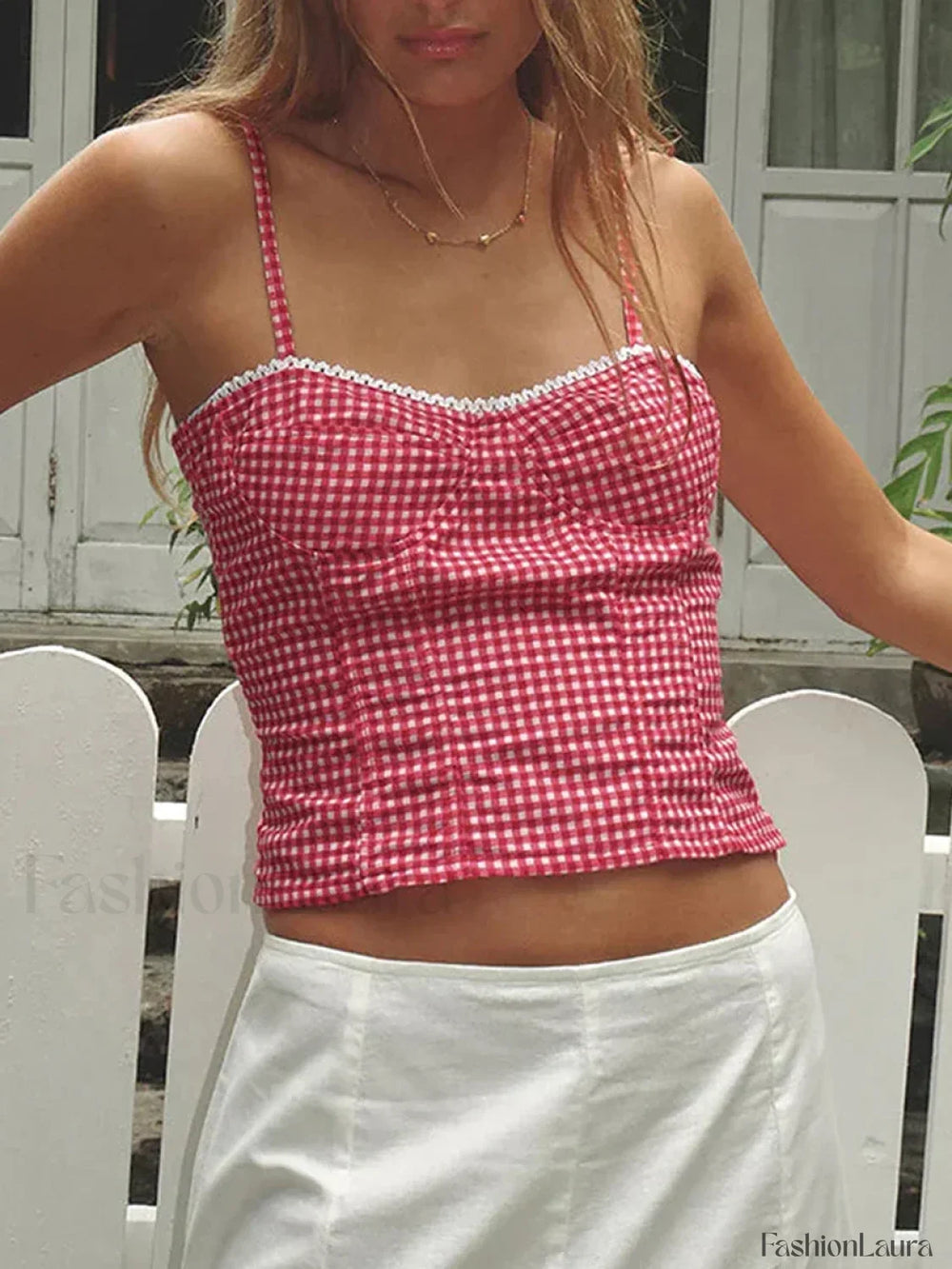 Plaid Open Back Low Crop Top Red / S