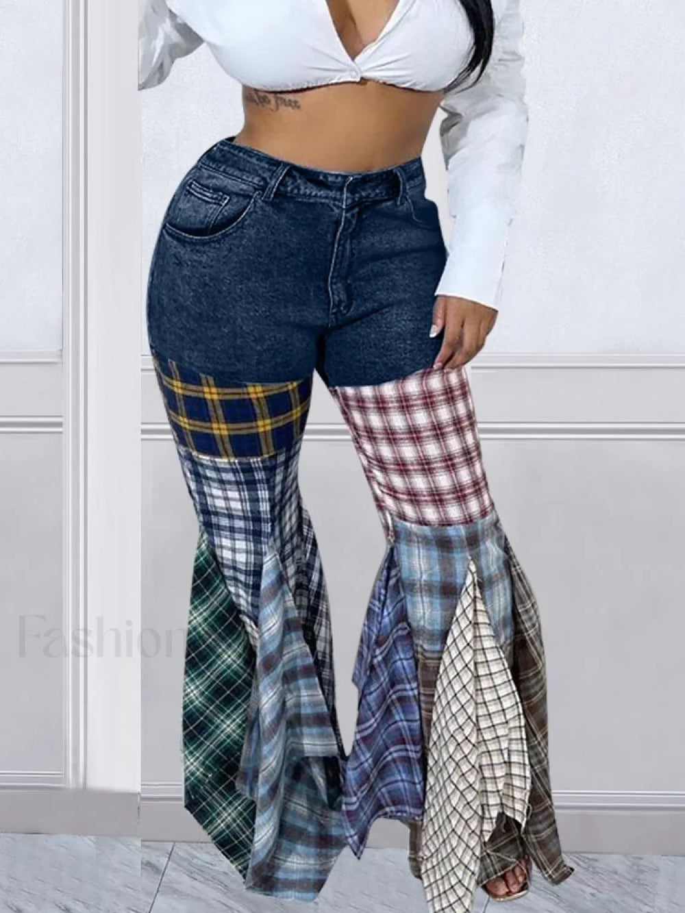 Plaid Patchwork Denim Jeans Jeans