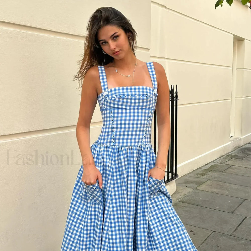 Plaid Pocket Midi Dress Blue / XS