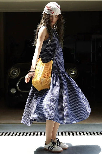Plaid Sleeveless Loose Waist A Line Maxi Dress