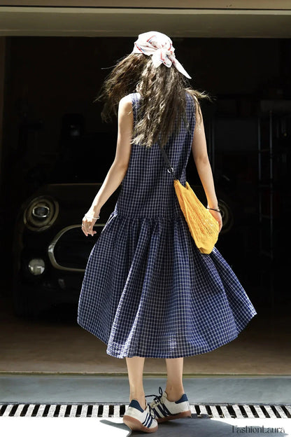 Plaid Sleeveless Loose Waist A Line Maxi Dress