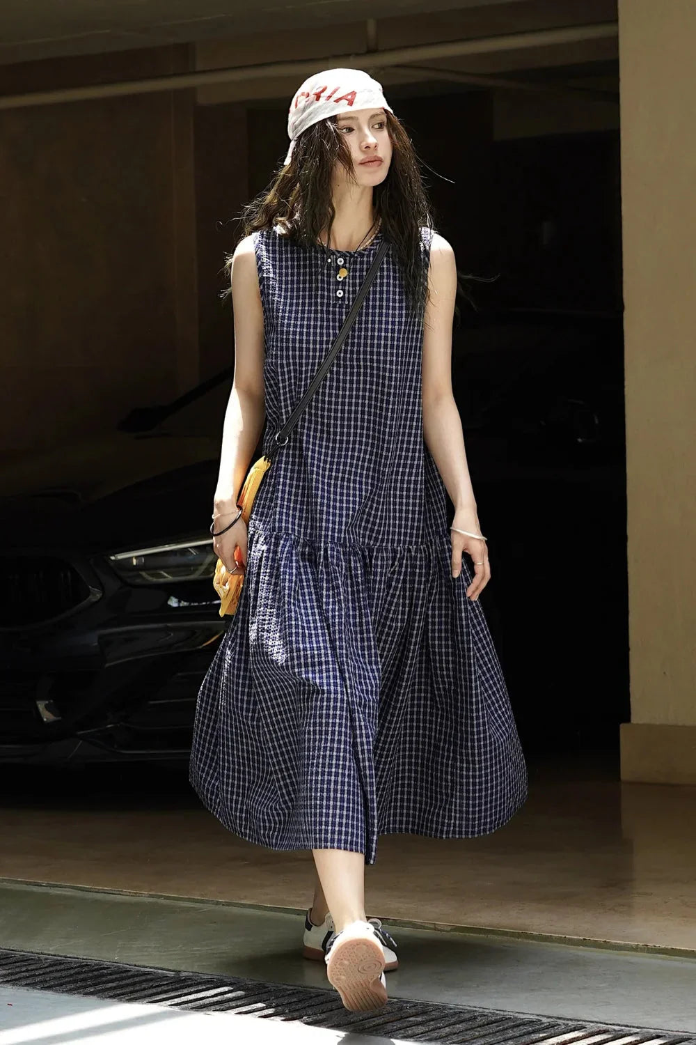 Plaid Sleeveless Loose Waist A Line Maxi Dress