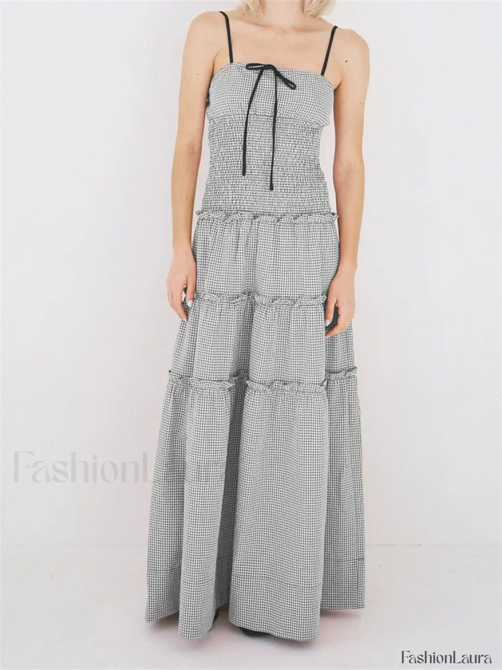 Plaid Square Neck Ruffle Maxi Dress black / S