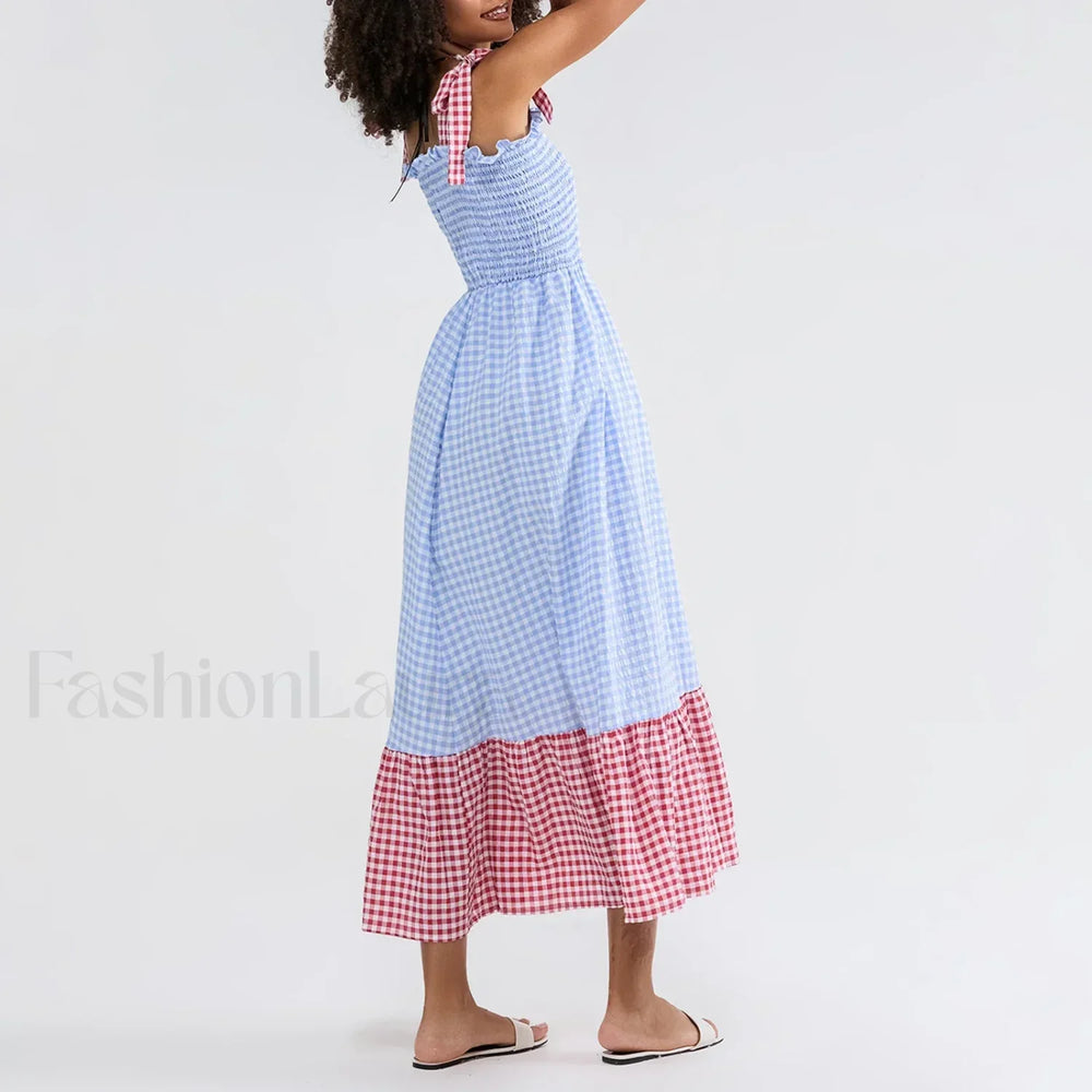 Plaid Tie Strap Swing Maxi Dress