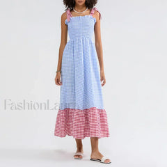 Plaid Tie Strap Swing Maxi Dress Blue / S