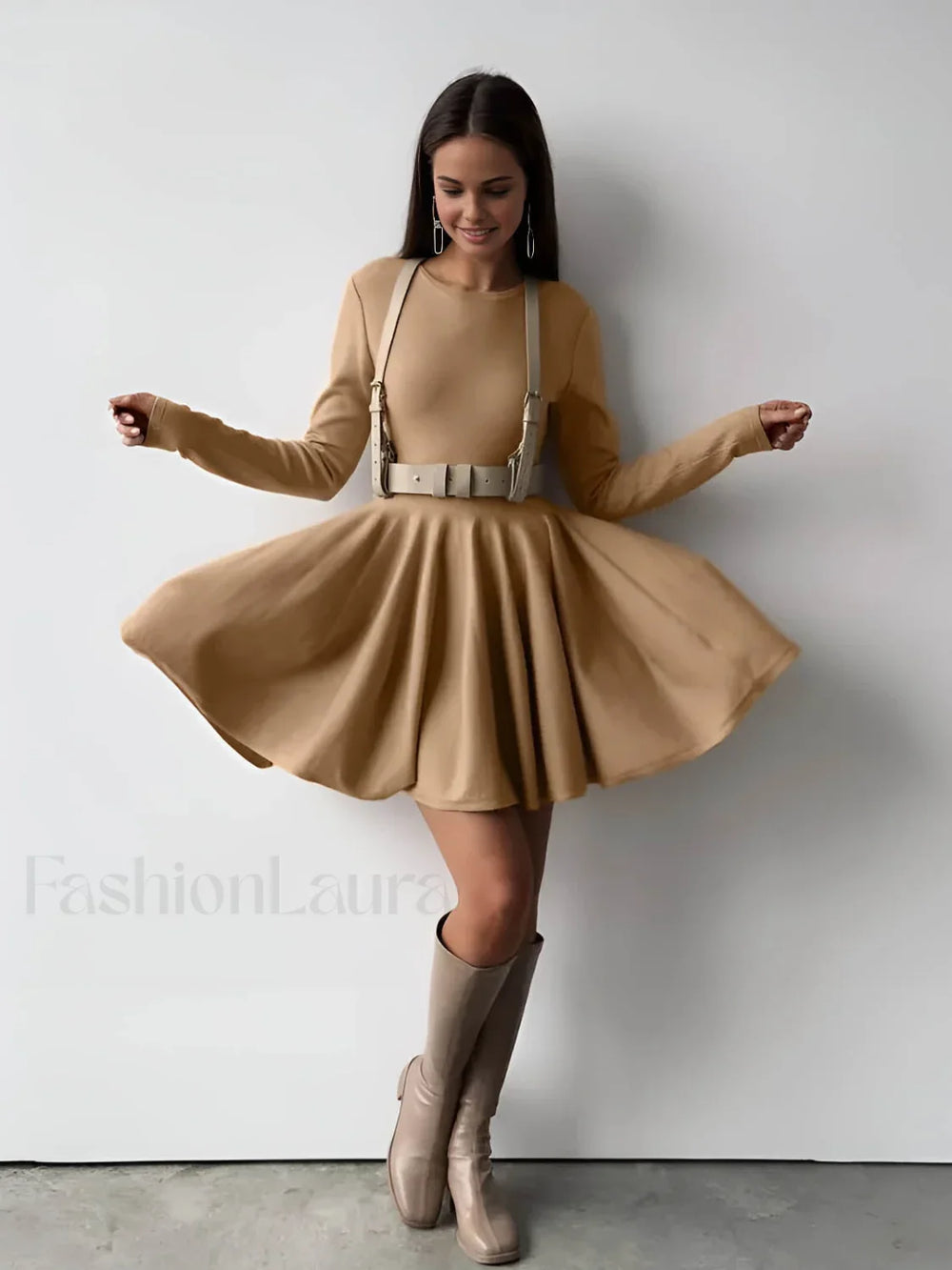 Plain Pleated Sweater Short Dress Sweater Dresses