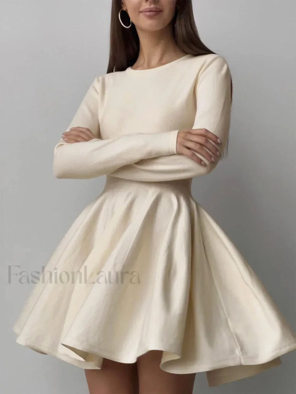 Plain Pleated Sweater Short Dress Off White / XS Sweater Dresses