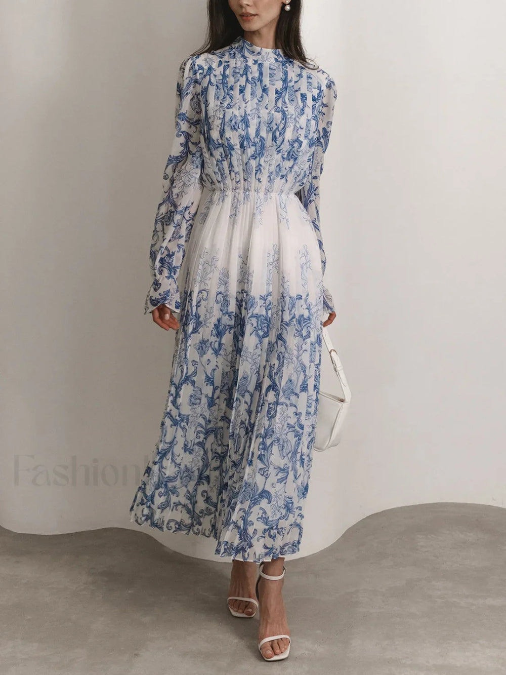 Plant Pattern Printed Trendy Pleated Long Dress LightBlue / XS Dresses