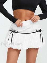 Pleated Bow Bubble Mini Skirt WHITE / S