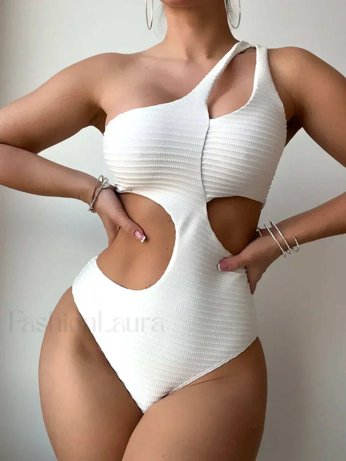 Pleated Cut Out Asymmetric One Piece white / S