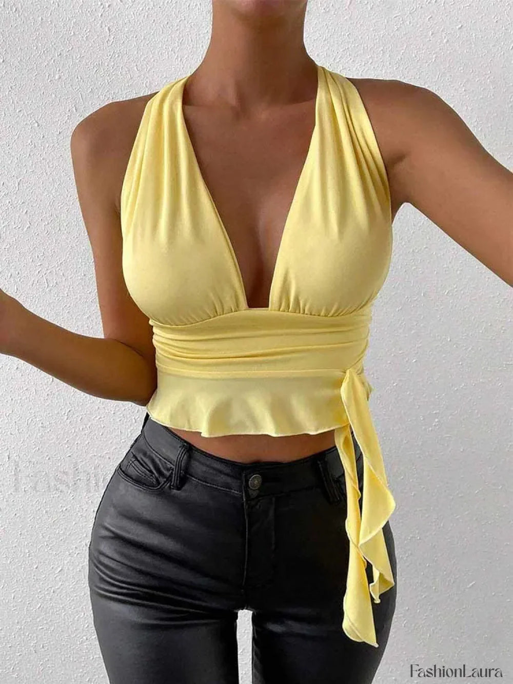 Pleated Deep V Neck Crop Top
