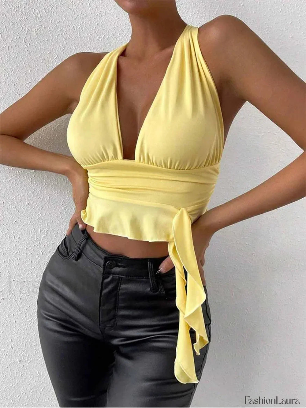 Pleated Deep V Neck Crop Top