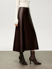 Pleated Faux Graceful Leather Midi Skirt Brown / XS Skirts