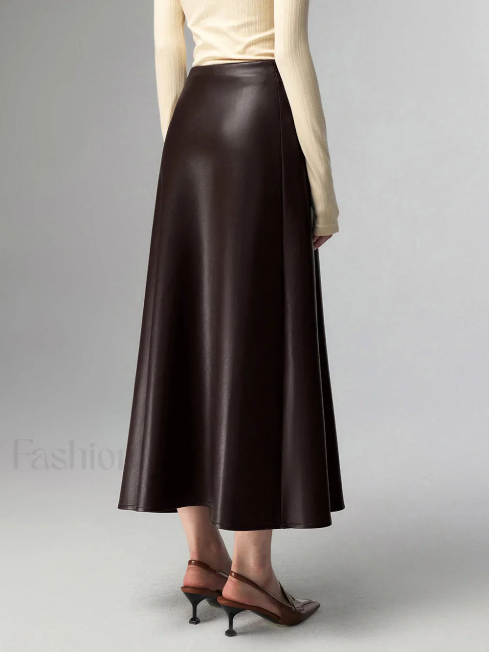 Pleated Faux Graceful Leather Midi Skirt Skirts