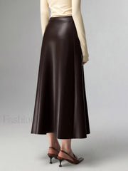 Pleated Faux Graceful Leather Midi Skirt Skirts