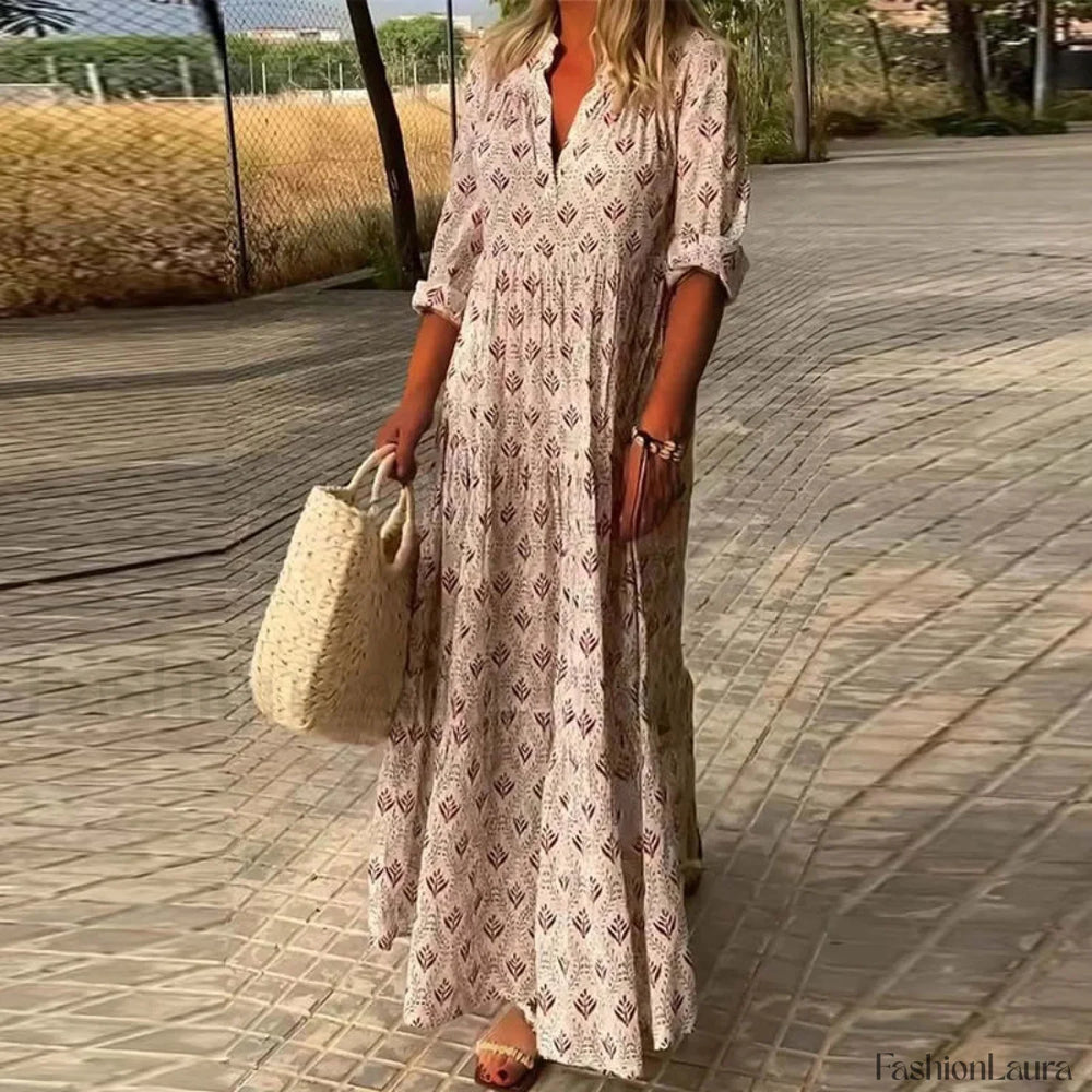 Pleated Floral Maxi Boho Dress 01 Pink / S