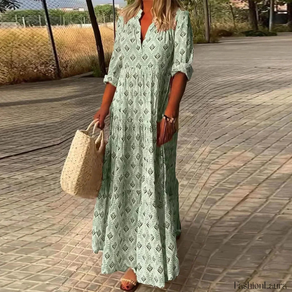 Pleated Floral Maxi Boho Dress