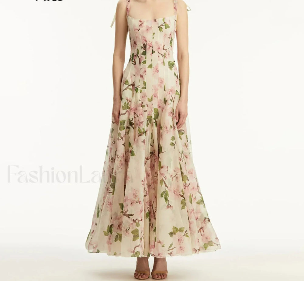 Pleated Floral Square Maxi Dress PINK / S